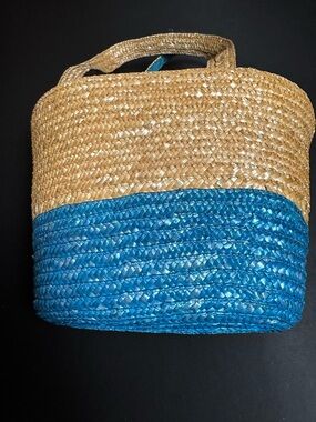 Neiman Marcus Natural Straw Tote Blue Accent Coastal Boho Cottagecore